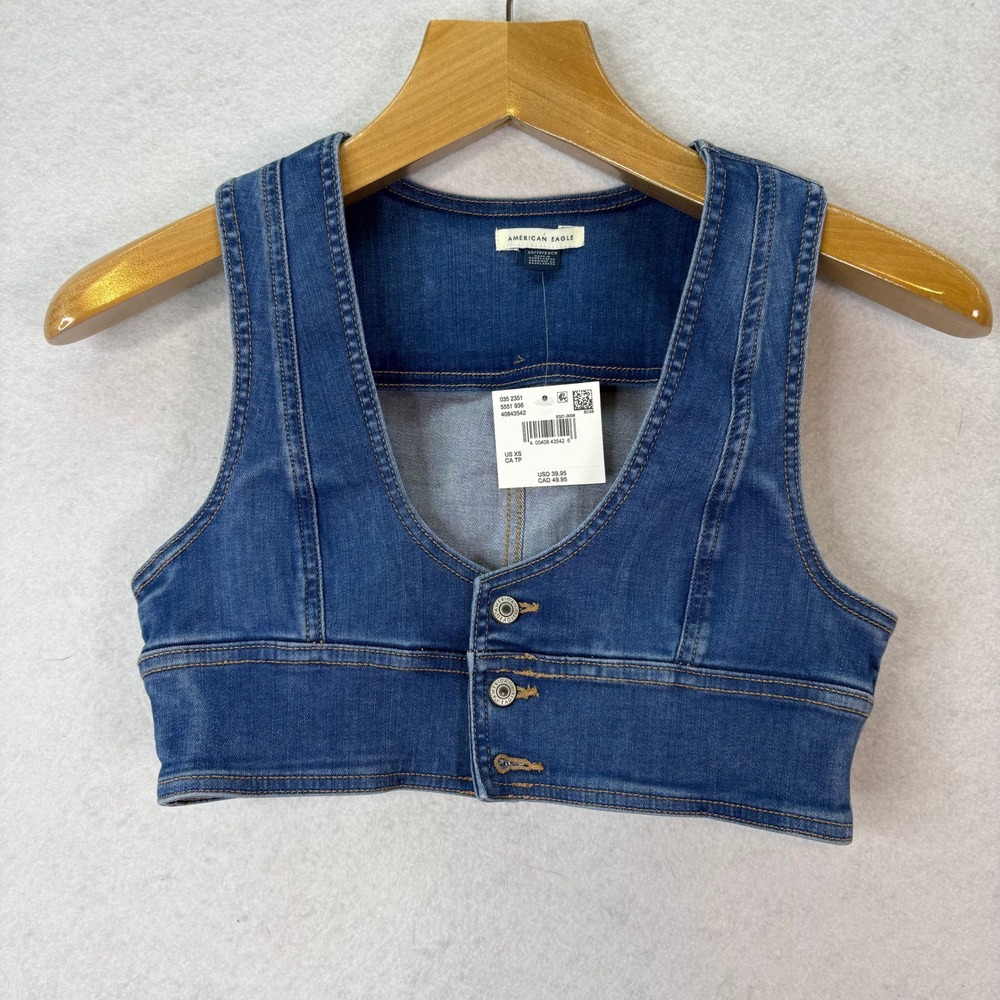 American Eagle Blue Cropped Denim Vest Women XS Boho Y2K Western Grunge Festival